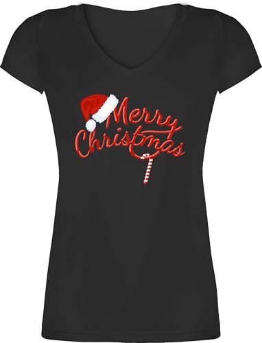 T-Shirt Damen V Ausschnitt - Weihnachten - Merry Christmas Zuckerstange I Weihnachtsmotiv - XS - Schwarz - weihnachtsshirt weihnachtsoutfit weihnacht Xmas Tshirt weihnachtshirt weihnachtsshirts von Shirtracer