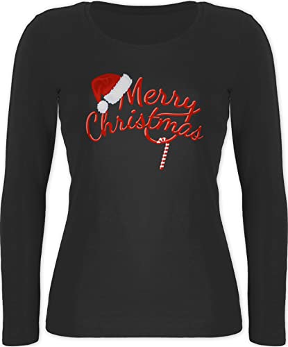 Langarmshirt Damen - Weihnachten Geschenke Bekleidung - Merry Christmas Zuckerstange - XXL - Schwarz - Shirt Langarm Weihnachts Oberteil x Mas Xmas Langarmshirts Shirts weihnachtsoberteil von Shirtracer