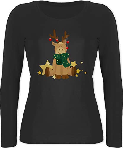 Langarmshirt Damen - Weihnachten Geschenke Christmas Bekleidung - süßer Elch - XXL - Schwarz - Langarm Tshirt Oberteil Weihnachts Outfits x Mas Long Sleeve Shirt Women weihnachtsshirt von Shirtracer