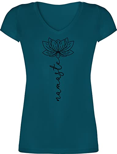 T-Shirt Damen V Ausschnitt - Yoga und Wellness Geschenk - Namaste Lotusblüte - 3XL - Türkis - Shirt Shirts Kurzarm Oberteil Tshirt Kleidung Oberteile t Baumwolle Baumwoll Outfit yogashirth von Shirtracer