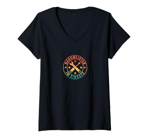 Damen Hausmeister Im Einsatz Werkzeug Emblem - Hausmeister Spruch T-Shirt mit V-Ausschnitt von Shirts mit lustigen Sprüchen by PeeKay