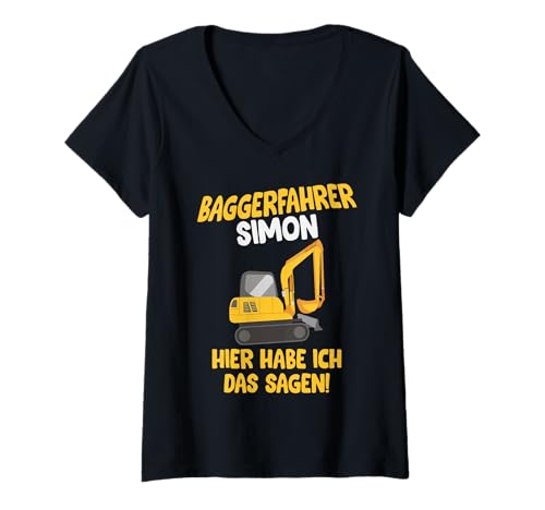 Damen Baggerfahrer Simon, Baustelle T-Shirt mit Name, Kinder T-Shirt mit V-Ausschnitt von Shirts of Heaven - Bauarbeiter, Bagger & Baustelle