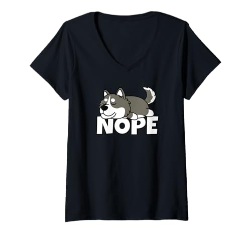 Damen Husky Fauler Hund Nope T-Shirt mit V-Ausschnitt von Shirts & Geschenke für Faulenzer & Faule Menschen