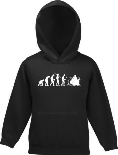 Shirtstreet24, EVOLUTION DRUMMER,Schlagzeuger Drum Kinder Kids Kapuzen Sweatshirt Hoodie - Pullover, Größe: 128,Schwarz von Shirtstreet24