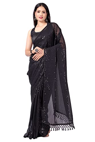 Shiv Textiles Damen Georgette Sequenz bereit zu tragen One Minute Sari mit ungenähter Bluse (Free Black), Schwarz, Einheitsgröße von Shiv Textiles