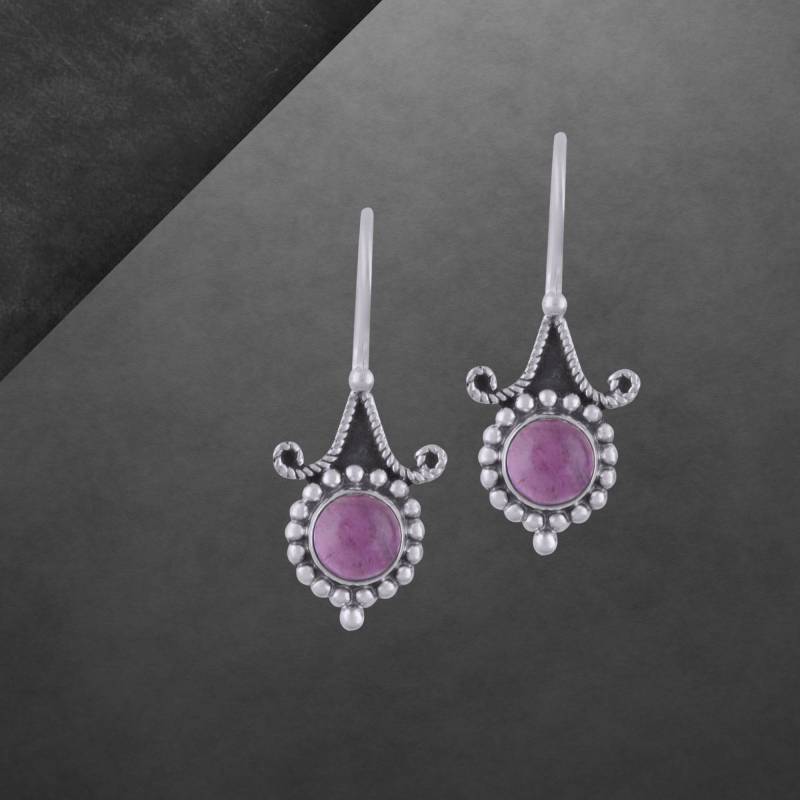 Amethyst Ohrringe 925 Sterling Silber Geschwärzt, Runder Cabochon, Hakenverschluss von ShivasSilver