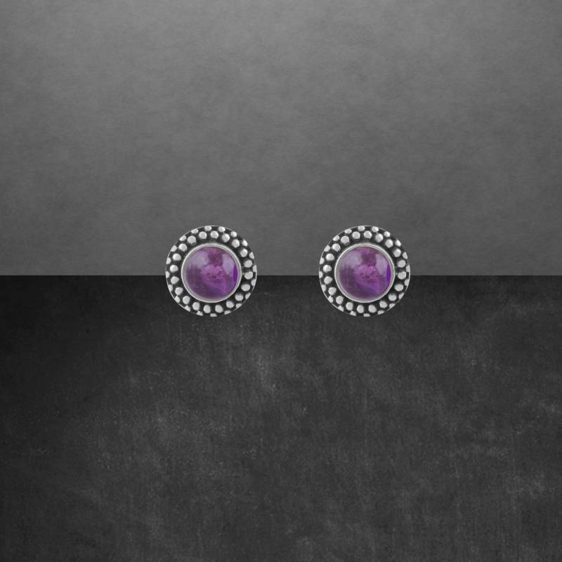Amethyst Ohrstecker 925 Sterling Silber Geschwärzt, Runder Cabochon von ShivasSilver