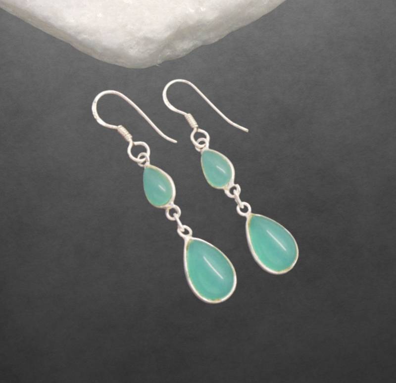 Aqua Chalcedon Ohrringe 925 Sterling Silber Tropfen Cabochon, Geschenk Für Frauen von ShivasSilver