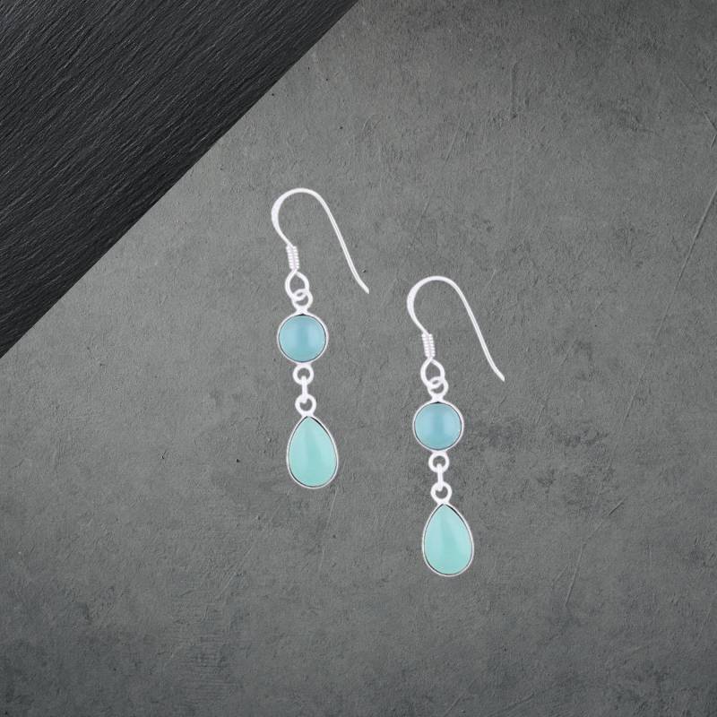 Aqua Chalcedon Ohrringe Aus 925 Sterling Silber, Tropfen Cabochon, 67Z von ShivasSilver