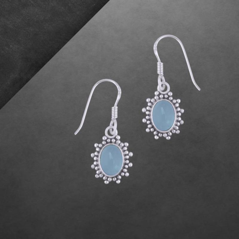 Blauer Chalcedon Ohrringe 925 Sterling Silber, Geschwärzt, Ovaler Cabochon, Blüte, 39A von ShivasSilver