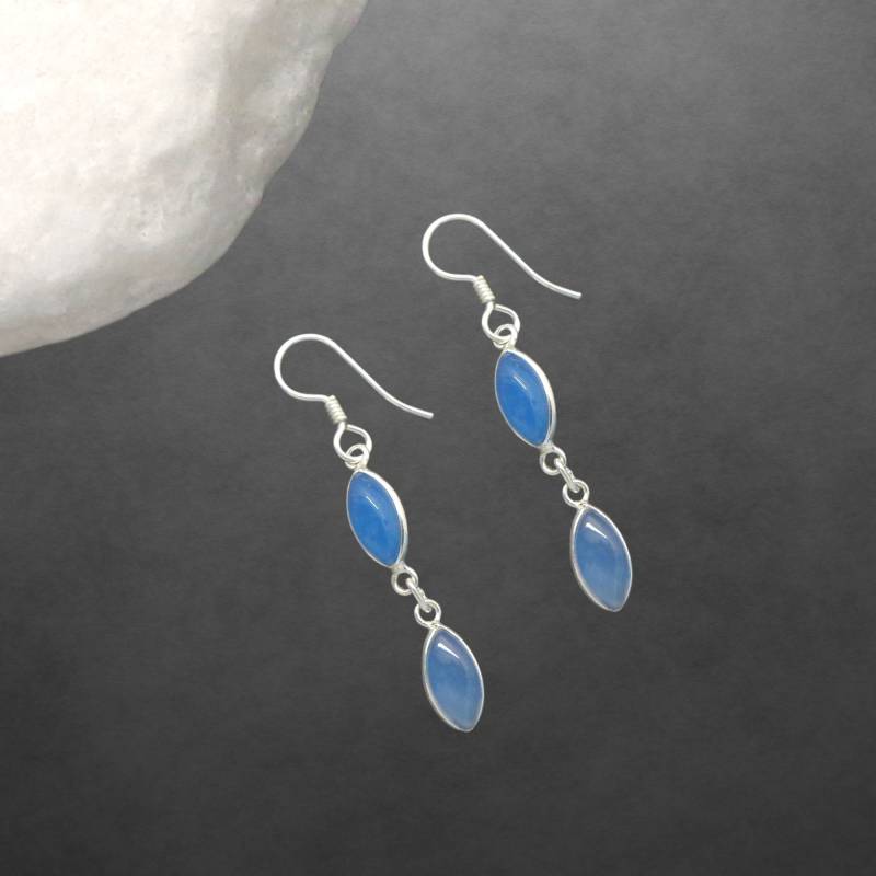 Ohrringe Mit Blauem Chalcedon Aus 925 Sterling Silber, Cabochon, Modernes Design, Haken Offen 44 Z von ShivasSilver