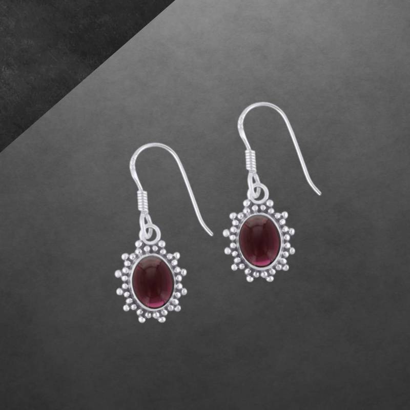 Granat Ohrringe 925 Sterling Silber, Geschwärzt, Cabochon Steine, Haken Offen, Silikon-Verschlüsse 0088 von ShivasSilver