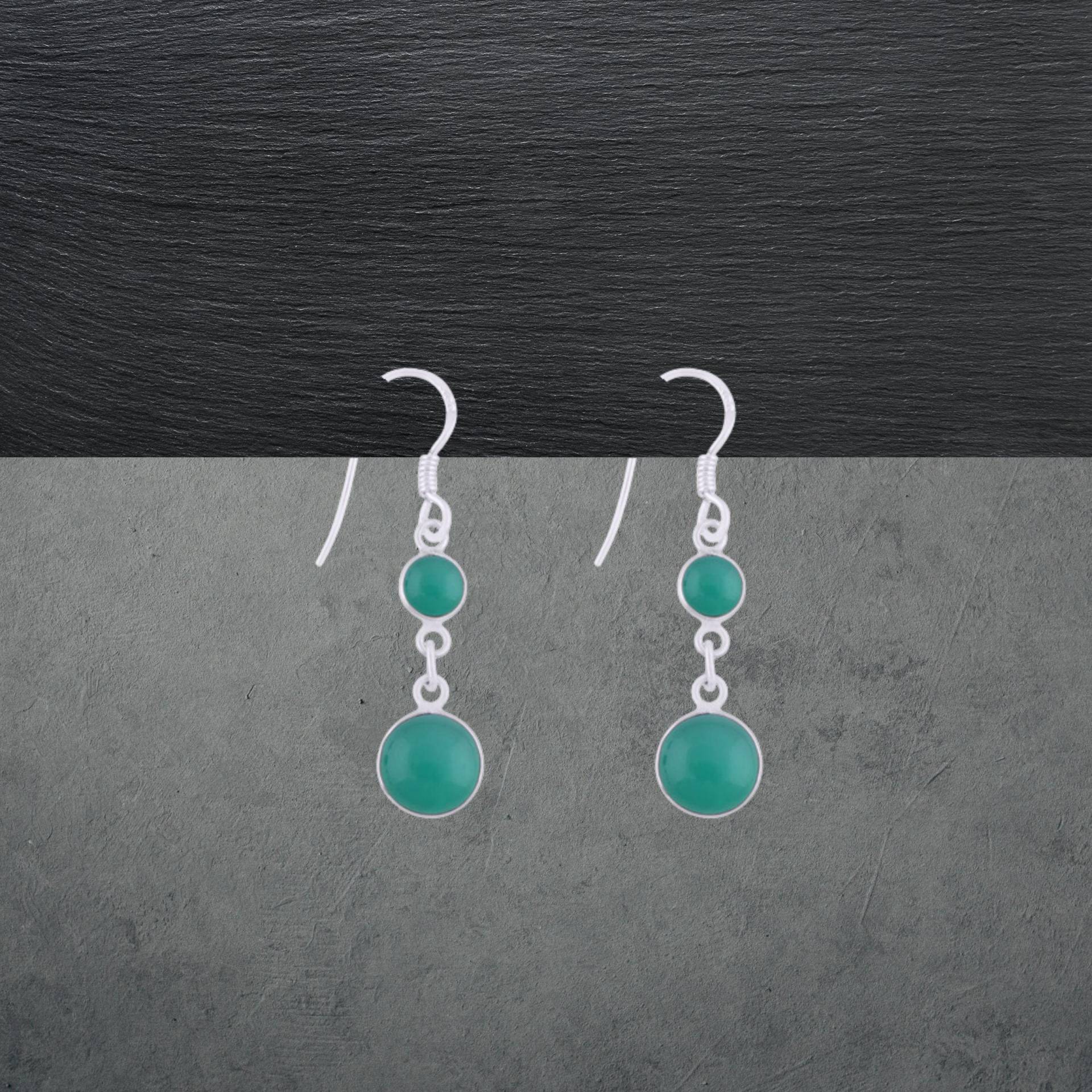 Grüner Achat Ohrringe 925 Sterling Silber, Runde Cabochons, Modernes Design 75Z von ShivasSilver