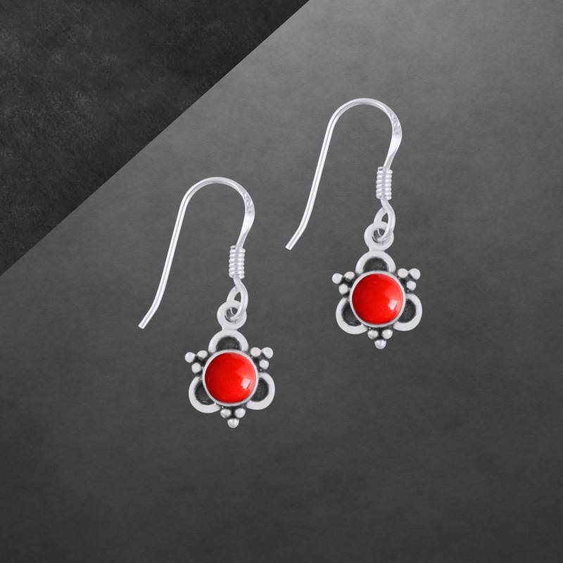 Koralle Ohrringe 925 Sterling Silber, Geschwärzt, Runde Cabochons, Gefärbt 60B von ShivasSilver