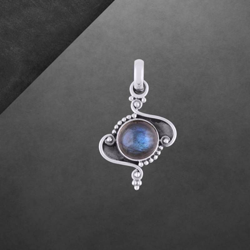 Labradorit Anhänger Mit 925 Sterling Silber Geschwärzt, Runder Cabochon 7788 von ShivasSilver