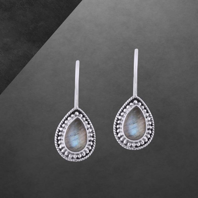 Labradorit Ohrringe 925 Sterling Silber, Geschwärzt, Cabochon, Hakenverschluss 333 von ShivasSilver