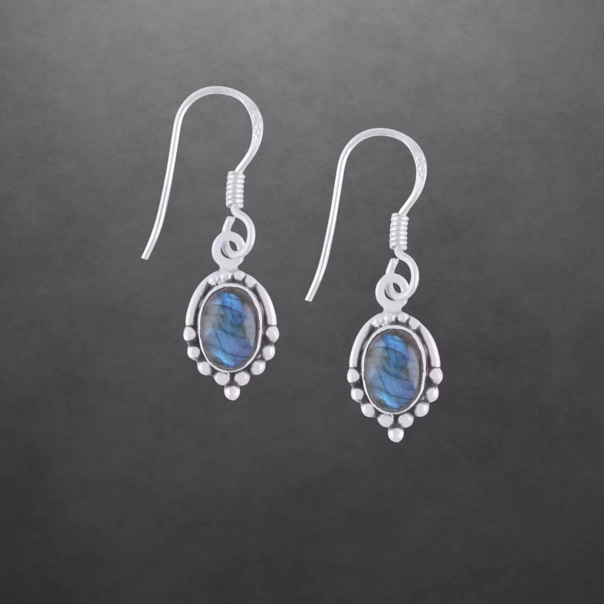 Labradorit Ohrringe 925 Sterling Silber Geschwärzt, Cabochon Steine 95D von ShivasSilver