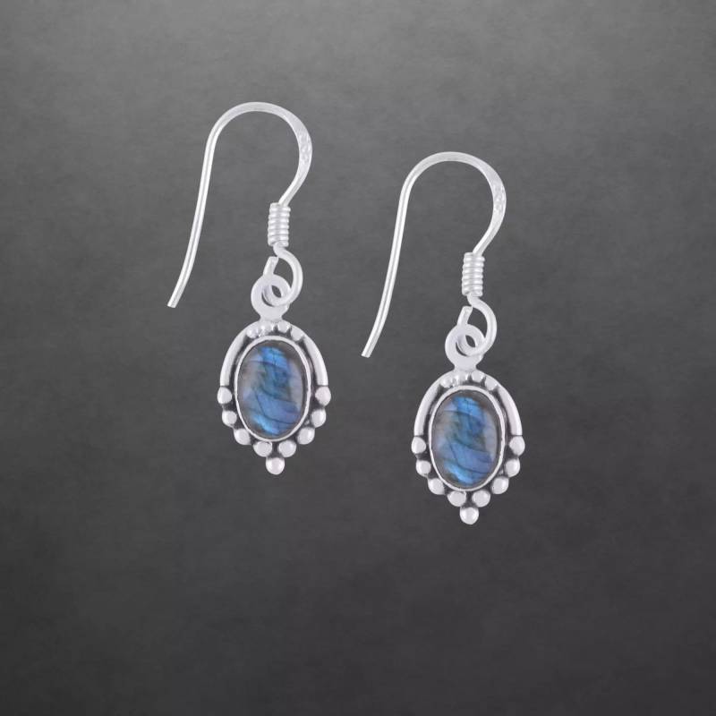 Labradorit Ohrringe 925 Sterling Silber Geschwärzt, Cabochon Steine 95D von ShivasSilver