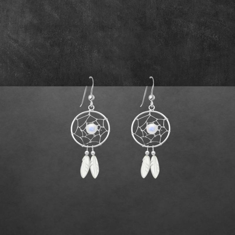 Mondstein Ohrringe Aus 925 Sterling Silber, Zierlicher Traumfänger Mit Perlmutt von ShivasSilver
