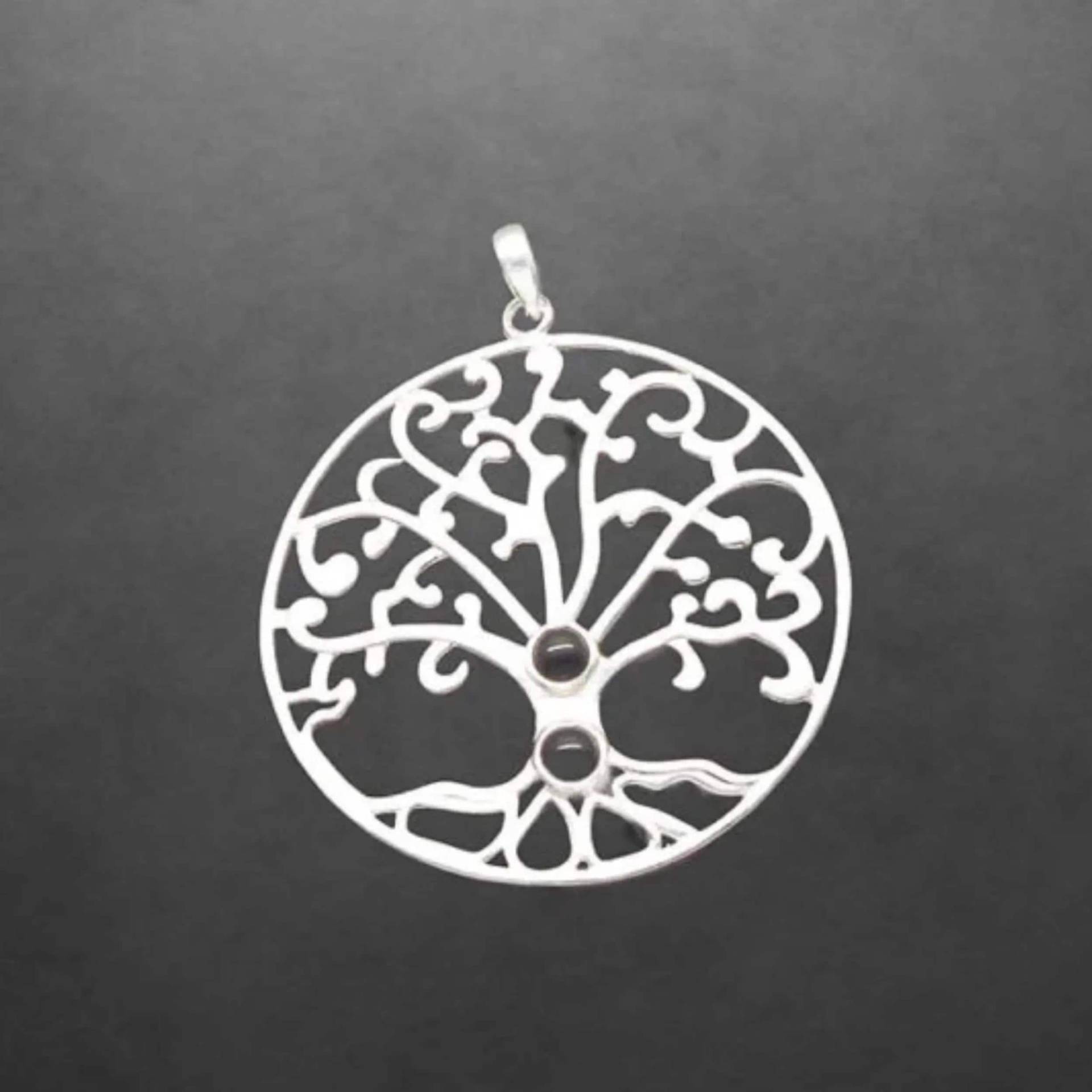 Schwarzer Onyx Anhänger Aus 925 Sterling Silber, Lebensbaum, 45 Mm Durchmesser, 55 cm Länge von ShivasSilver