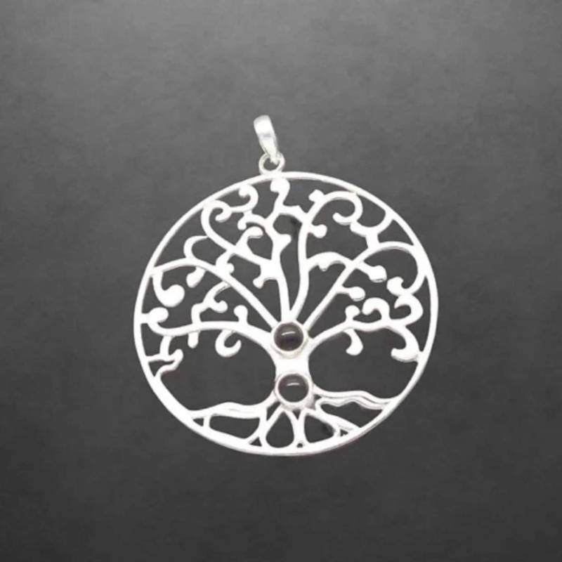 Schwarzer Onyx Anhänger Aus 925 Sterling Silber, Lebensbaum, 45 Mm Durchmesser, 55 cm Länge von ShivasSilver