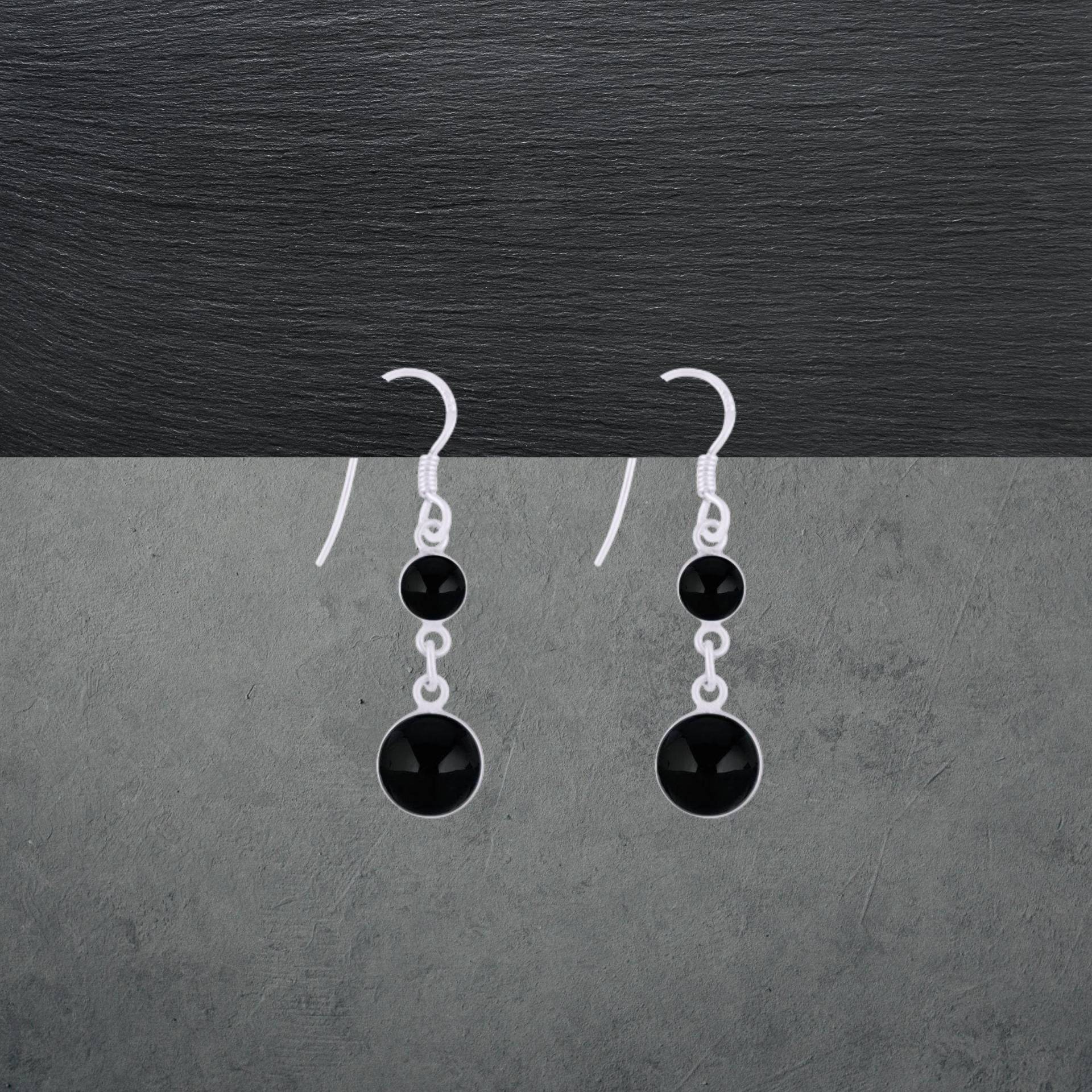 Schwarzer Onyx Ohrringe 925 Sterling Silber, Runde Cabochons, Modernes Design 75Z von ShivasSilver