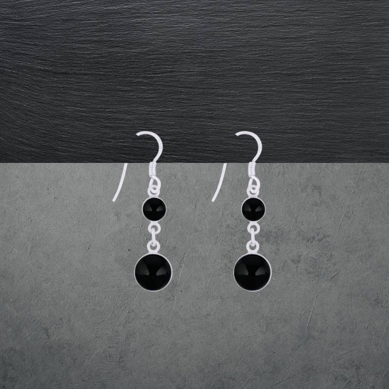 Schwarzer Onyx Ohrringe 925 Sterling Silber, Runde Cabochons, Modernes Design 75Z von ShivasSilver