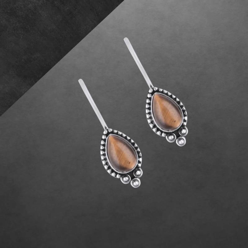 Tigerauge Ohrringe 925 Sterling Silber, Geschwärzt, Tropfen Cabochon, Hakenverschluss von ShivasSilver
