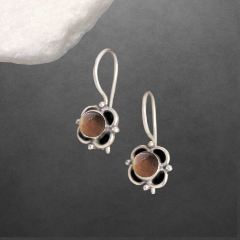 Tigerauge Ohrringe 925 Sterling Silber Geschwärzt, Runder Cabochon, Hakenverschluss von ShivasSilver