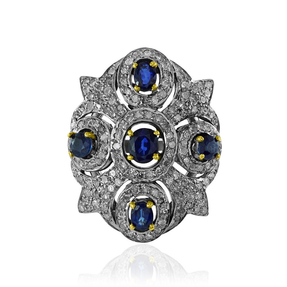 Blauer Saphir 925 Sterling Silber Ring, Natürlicher Diamanten Pave Setting Edelstein Schwarzer Rhodium Ring Für Frauen von ShivayJewelsDesigns