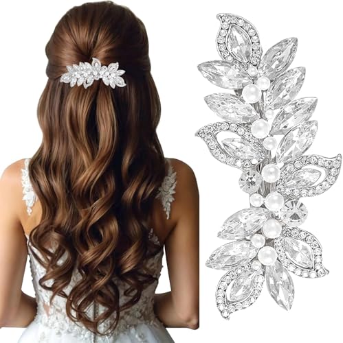 Shixiaodan Perle Strass Damen Silber Braut Haarschmuck Funkelnde Kristall Haarspange Blatt Form Haarspange Geeignet für Hochzeit Braut von Shixiaodan