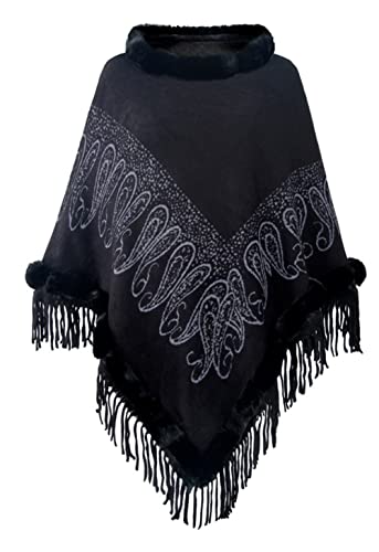 Damen Poncho Winter Strickpullover Cape mit Fransen und Kunstfellkragen Wickelschal Schal(Stil A-SCHWARZ) von Shmily Girl