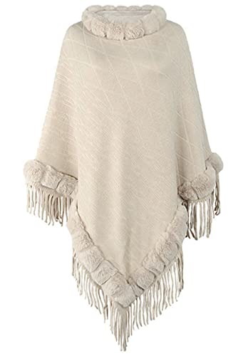 Damen Poncho Winter Strickpullover Cape mit Fransen und Kunstfellkragen Wickelschal Schal(Stil B-Beige) von Shmily Girl