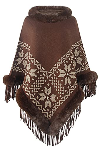 Damen Poncho Winter Strickpullover Cape mit Fransen und Kunstfellkragen Wickelschal Schal(Stil C-Kaffee) von Shmily Girl