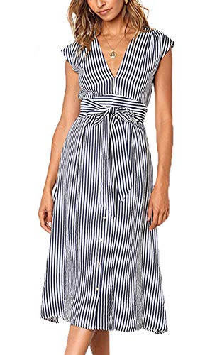 Damen Sommerkleid V-Ausschnitt Gestreift Kleid Ärmellos Midikleid Casual Swing Strandkleid mit Knöpfen(Gestreiftes Marineblau,L) von Shmily Girl