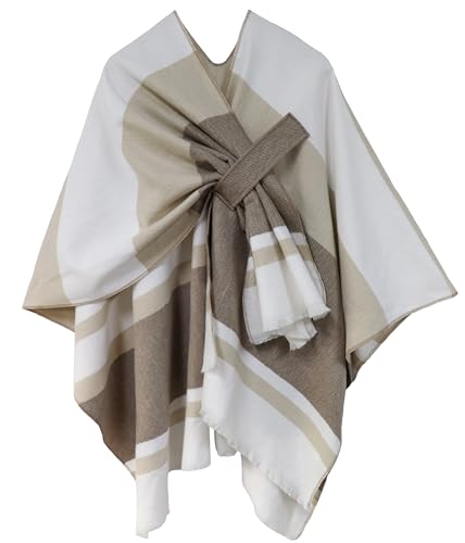 Poncho Damen Strick Reversibel Cape Decke Elegant Warme Schultertuch Gestrickter Schal Mantel für Frühling Herbst（Khaki Beige） von Shmily Girl