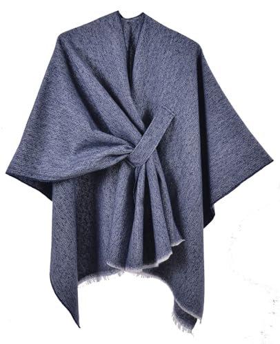 Poncho Damen Strick Reversibel Cape Decke Elegant Warme Schultertuch Gestrickter Schal Mantel für Frühling Herbst（Marineblau） von Shmily Girl