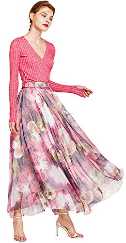 Shmily Girl -Damen Maxirock Bohemien Bodenlang A-Linien Swing Röcke Chiffon Strandrock Elegant Lang Rock(Violett/Blume,M) von Shmily Girl