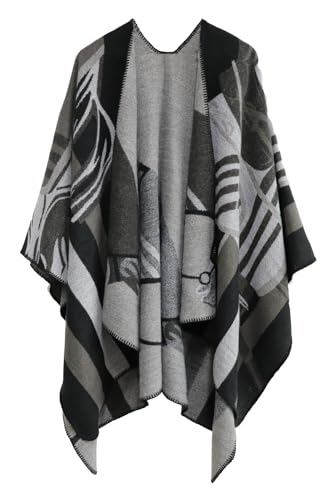 Shmily Girl Damen Poncho Habe Gestrickt Überdimensionalen Decke Kap-Schal (Pferd，Schwarz) von Shmily Girl