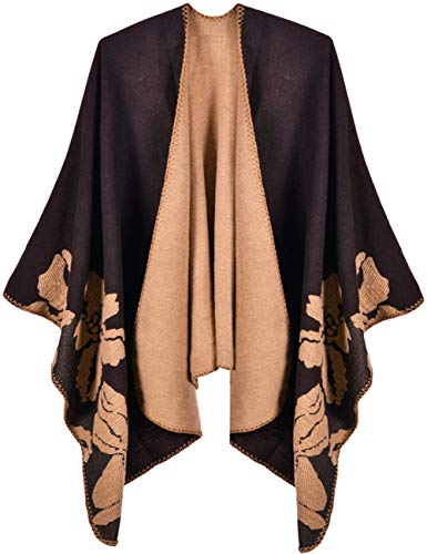 Shmily Girl - Damen Poncho Habe Gestrickt Überdimensionalen Decke Kap-Schal (Einfache Doppelseitige Blume/Kaffee) von Shmily Girl