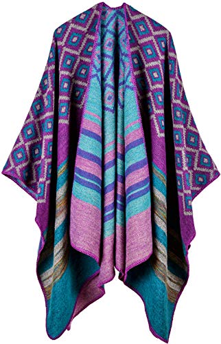 Shmily Girl - Damen Poncho Habe Gestrickt Überdimensionalen Decke Kap-Schal (Lattice Stripes/Purple) von Shmily Girl