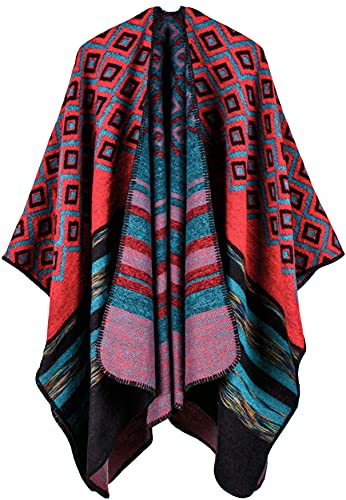 Shmily Girl - Damen Poncho Habe Gestrickt Überdimensionalen Decke Kap-Schal (Lattice Stripes/Rot) von Shmily Girl