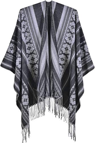 Shmily Girl Damen Poncho Habe Gestrickt Überdimensionalen Decke Kap-Schal (Quaste Vertikaler Streifen Applique/Schwarz) von Shmily Girl