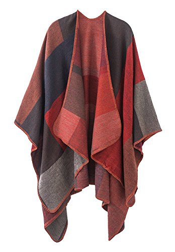 Shmily Girl - Damen Poncho Habe Gestrickt Überdimensionalen Decke Kap-Schal (Plaid/Rot) von Shmily Girl