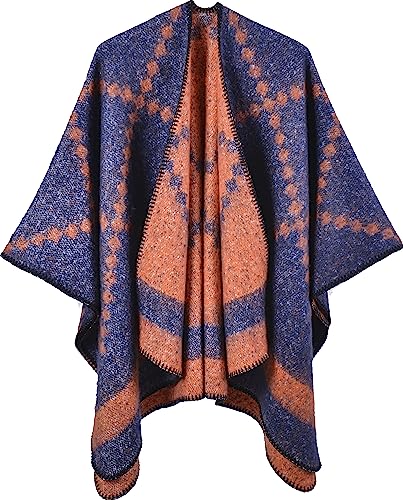 Shmily Girl Damen Poncho Winter Schal Decke Cape Elegant Warme Schultertuch Mantel Strickpullover(Sty1-Navy Blue) von Shmily Girl