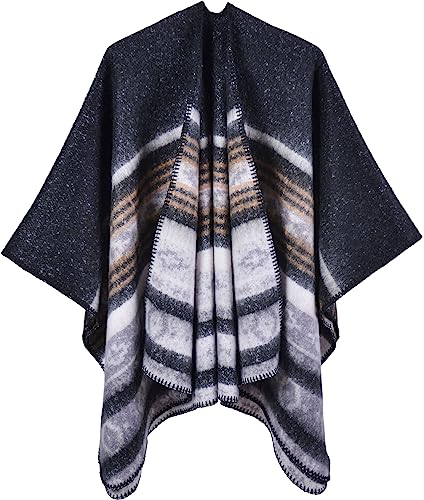 Shmily Girl Damen Poncho Winter Schal Decke Cape Elegant Warme Schultertuch Mantel Strickpullover(Sty3-Schwarz) von Shmily Girl