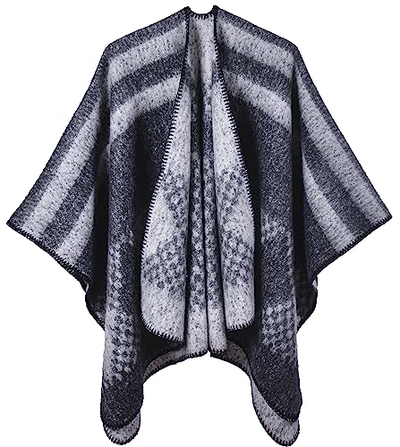 Shmily Girl Damen Poncho Winter Schal Decke Cape Elegant Warme Schultertuch Mantel Strickpullover(Sty5-Schwarz Weiß) von Shmily Girl