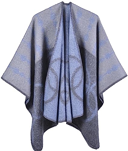 Shmily Girl Damen Poncho Winter Schal Decke Cape Elegant Warme Schultertuch Mantel Strickpullover(Sty6- Grau blau) von Shmily Girl