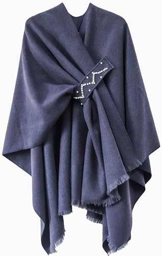 Poncho Damen Strick Reversibel Cape Decke Elegant Warme Schultertuch Gestrickter Schal Mantel für Frühling Herbst（Marineblau avec Drill） von Shmily Girl