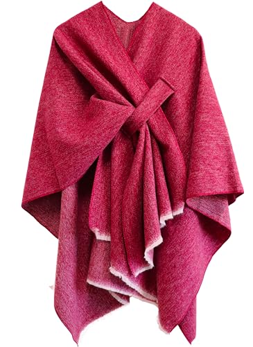 Shmily Girl Poncho Damen Strick Reversibel Cape Decke Elegant Warme Schultertuch Gestrickter Schal Mantel für Frühling Herbst（Rot） von Shmily Girl